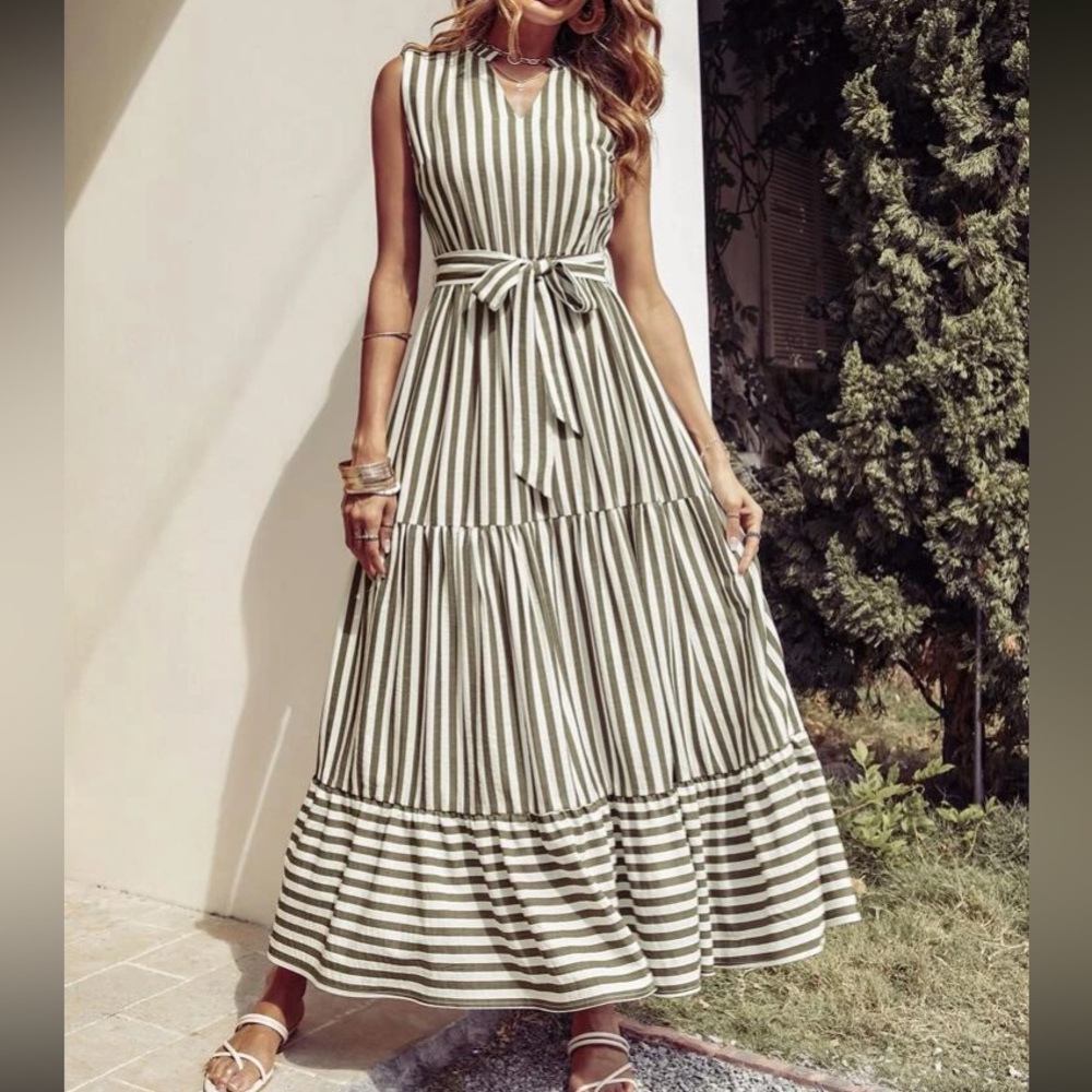 Boho Green White Striped Sleeveless Belted Maxi Dress - Picture 4 of 11